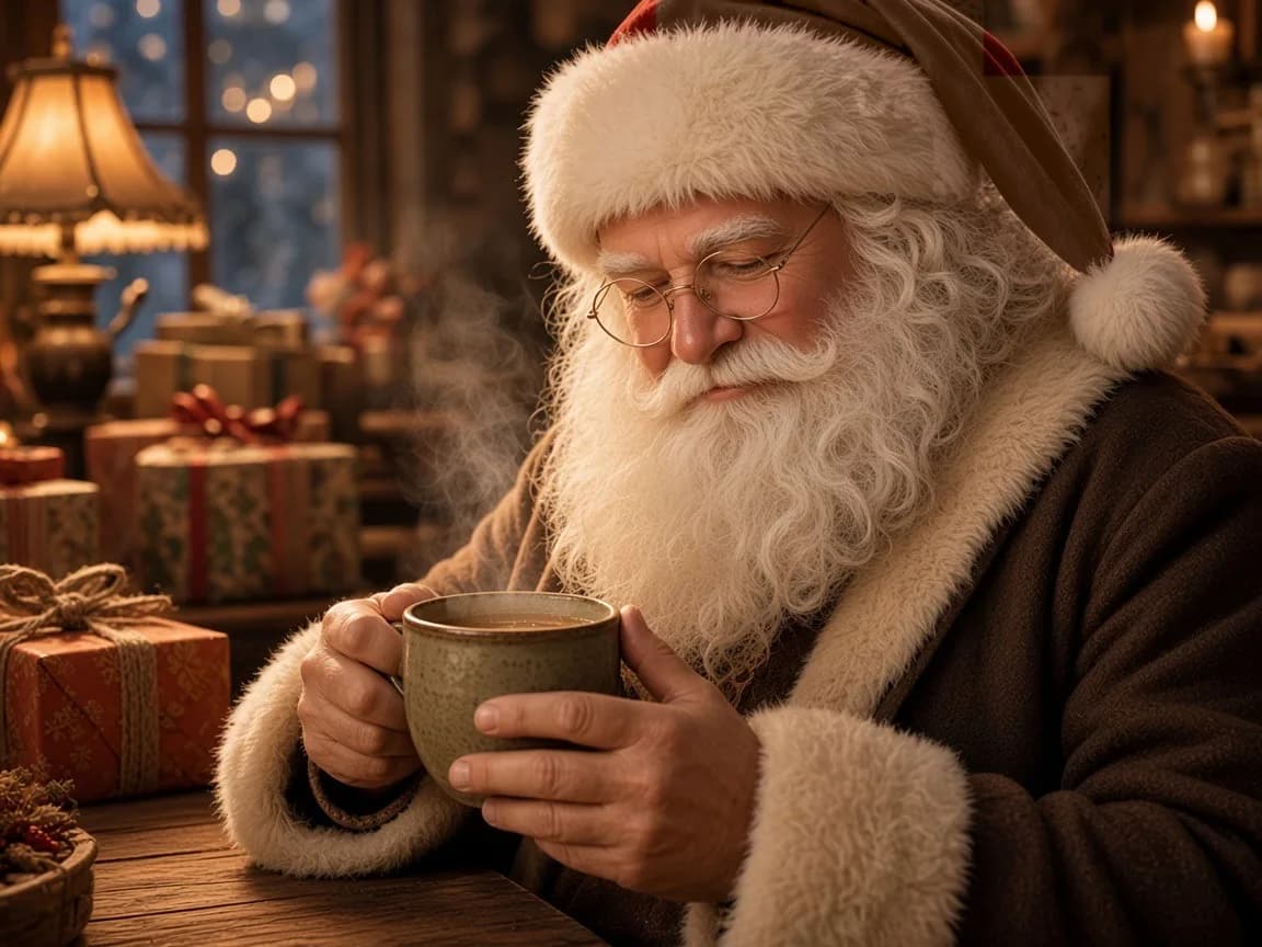 Novembre — le Père Noël au chaud avec une tasse, manteau marron