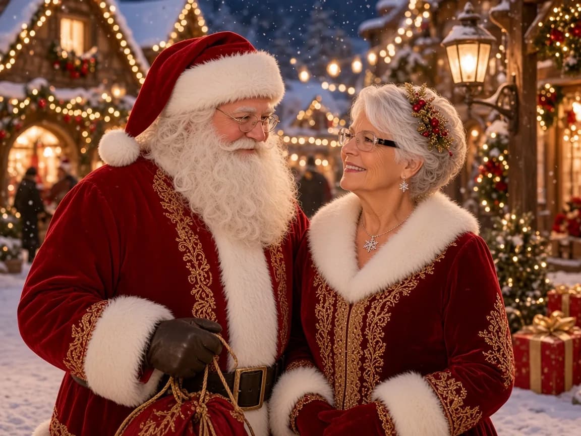 Décembre — le Père Noël et la Mère Noël dans le Village illuminé