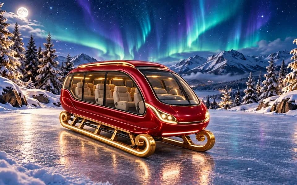 Un traîneau-bus rouge et or aux sièges confortables pour toute l’équipe de lutins