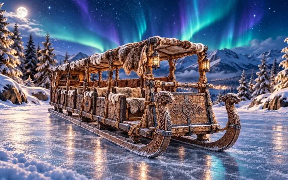 Un grand traîneau viking nordique, couvert de fourrures et de lanternes