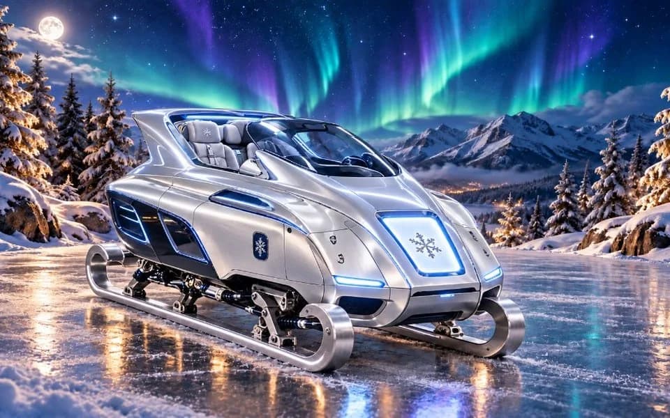 Un traîneau futuriste argenté aux LED bleues, orné d’un flocon