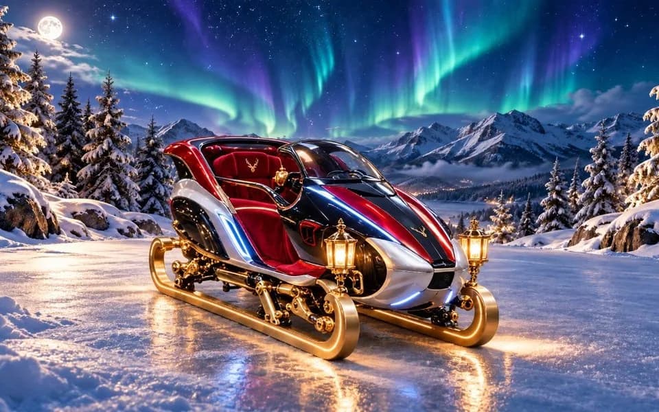 Un traîneau futuriste rouge, noir et argent, avec ses lanternes