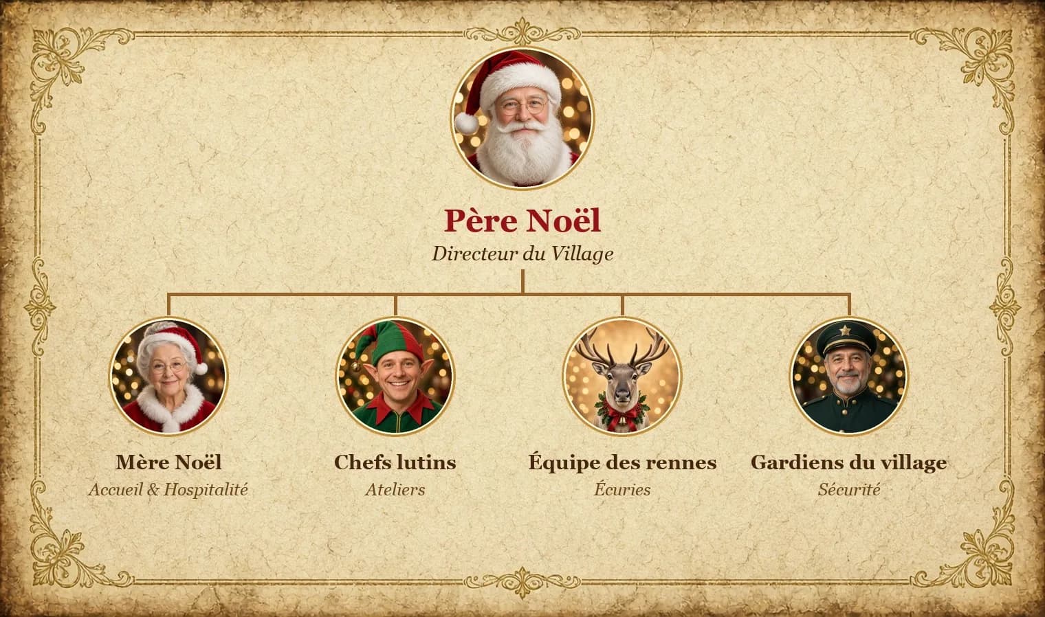Organigramme : le Père Noël, la Mère Noël, les chefs lutins, l'équipe des rennes et les gardiens du village