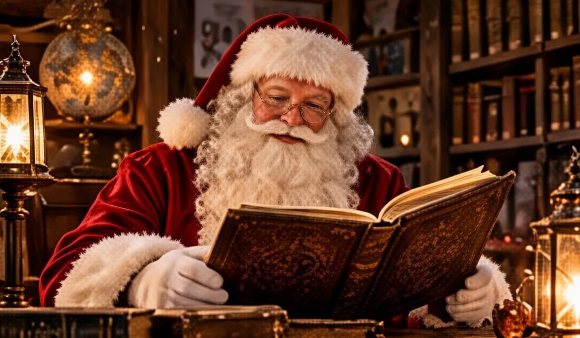 Le Père Noël lit un grand livre ancien