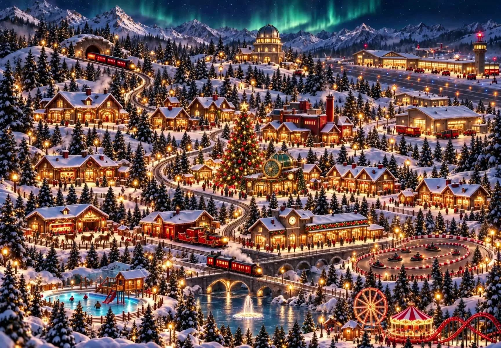 Carte illustrée du village du Père Noël en pleine nuit : chalets illuminés, grand sapin de Noël, gare et petit train, aéroport des traîneaux, lac des souhaits, circuit d’essai et parc d’attraction des lutins