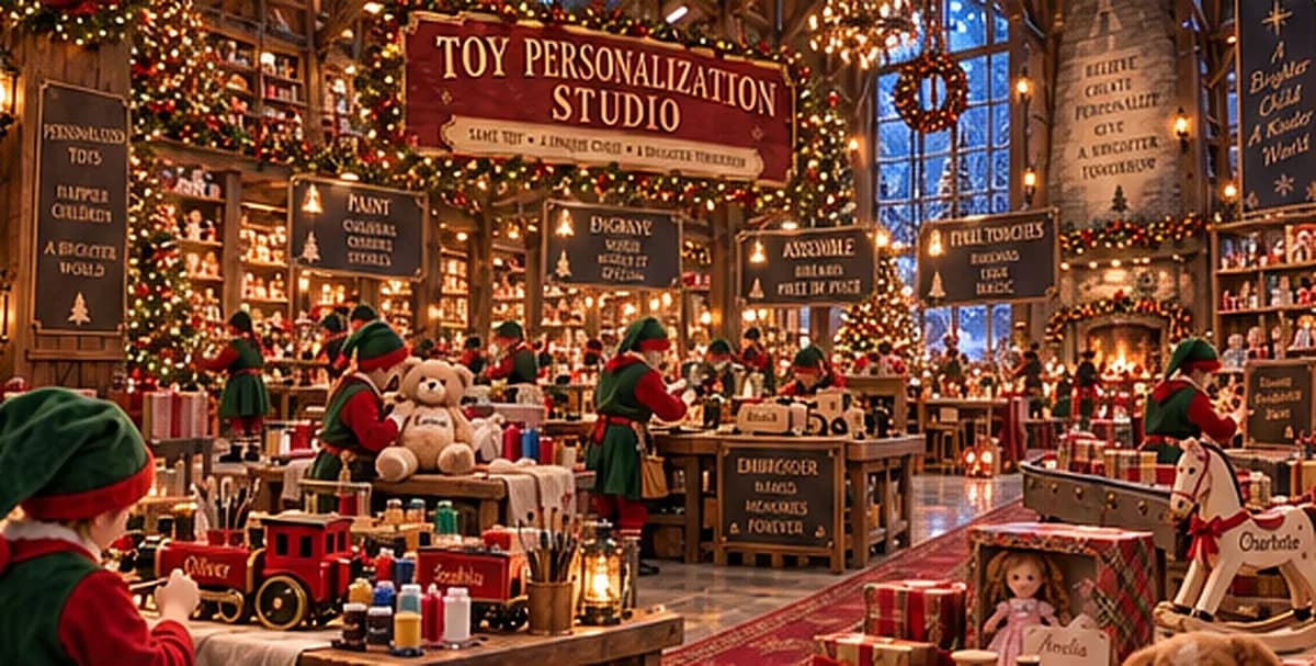 L’atelier de personnalisation : des lutins décorent et gravent des jouets sous l’enseigne Toy Personalization Studio.